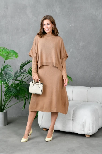 Kadın Dik Yaka Kısa Kol Kazak Uzun Elbise İkili Triko Takım