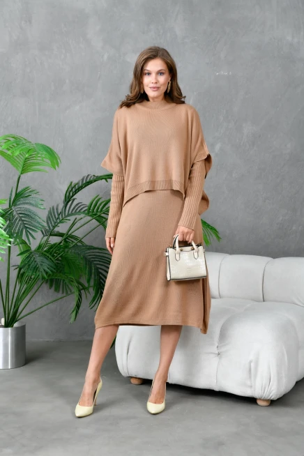 Kadın Dik Yaka Kısa Kol Kazak Uzun Elbise İkili Triko Takım