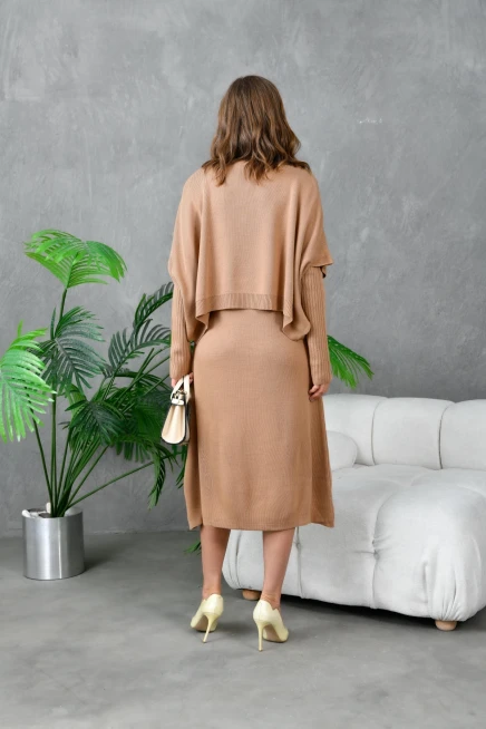 Kadın Dik Yaka Kısa Kol Kazak Uzun Elbise İkili Triko Takım