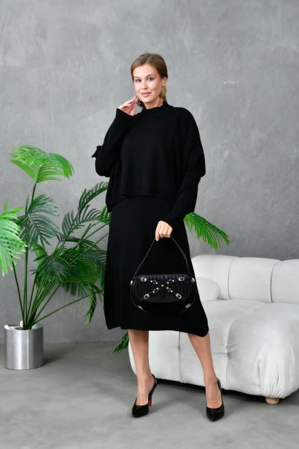 Kadın Dik Yaka Kısa Kol Kazak Uzun Elbise İkili Triko Takım