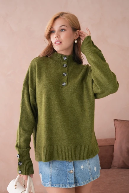 Kadın Dik Yaka Kolları Düğme Detaylı Yumuşak Dokulu Şardonlu Triko Kazak