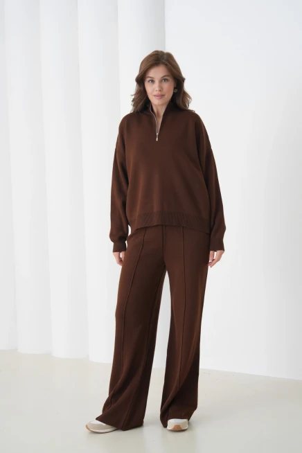 Kadın Dik Yaka Yarım Pat Fermuar Yırtmaçlı Kazak Pantolon İkili Triko Takım