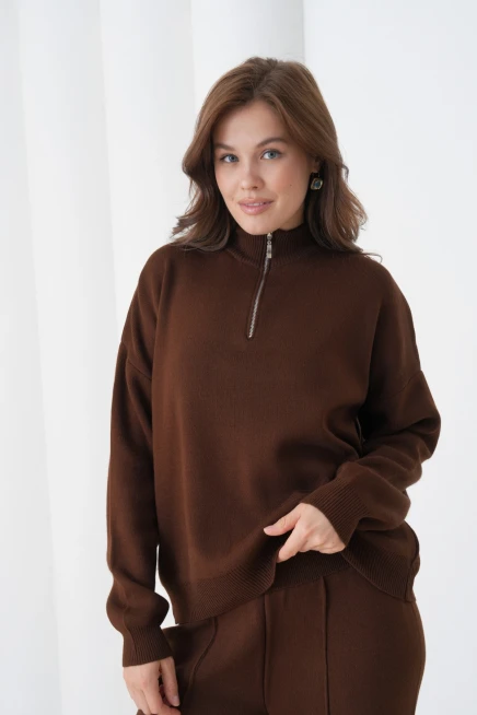 Kadın Dik Yaka Yarım Pat Fermuar Yırtmaçlı Kazak Pantolon İkili Triko Takım