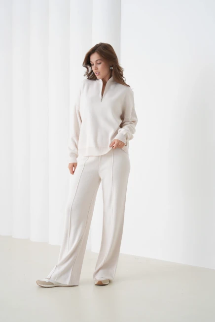 Kadın Dik Yaka Yarım Pat Fermuar Yırtmaçlı Kazak Pantolon İkili Triko Takım