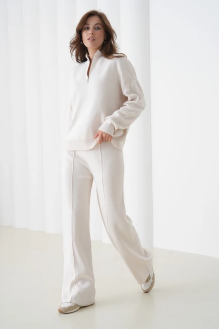 Kadın Dik Yaka Yarım Pat Fermuar Yırtmaçlı Kazak Pantolon İkili Triko Takım