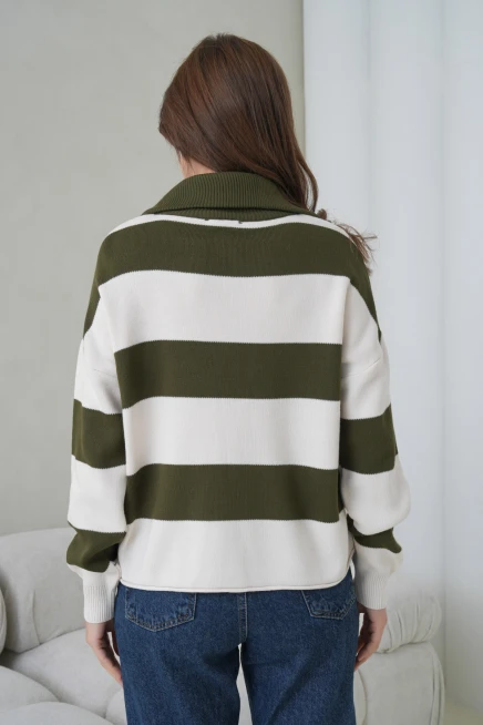 Kadın Dik Yaka Yarım Pat Fermuarlı Çizgili Oversize Triko Kazak 12381