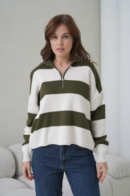 Kadın Dik Yaka Yarım Pat Fermuarlı Çizgili Oversize Triko Kazak 12381