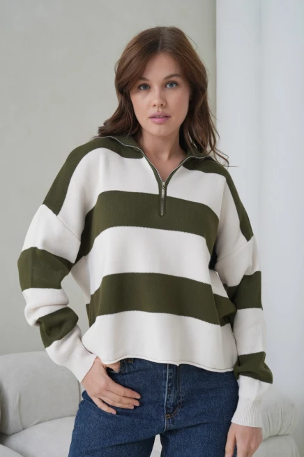 Kadın Dik Yaka Yarım Pat Fermuarlı Çizgili Oversize Triko Kazak 12381