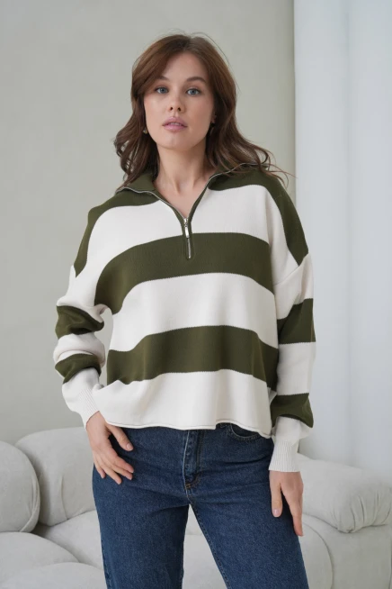 Kadın Dik Yaka Yarım Pat Fermuarlı Çizgili Oversize Triko Kazak 12381