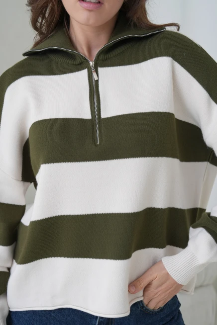 Kadın Dik Yaka Yarım Pat Fermuarlı Çizgili Oversize Triko Kazak 12381