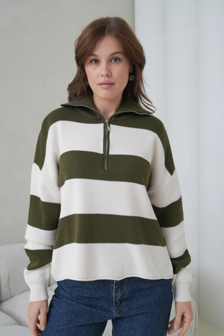 Kadın Dik Yaka Yarım Pat Fermuarlı Çizgili Oversize Triko Kazak 12381