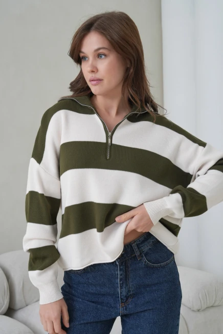 Kadın Dik Yaka Yarım Pat Fermuarlı Çizgili Oversize Triko Kazak 12381