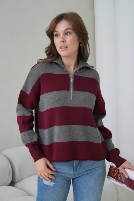 Kadın Dik Yaka Yarım Pat Fermuarlı Çizgili Oversize Triko Kazak 12381