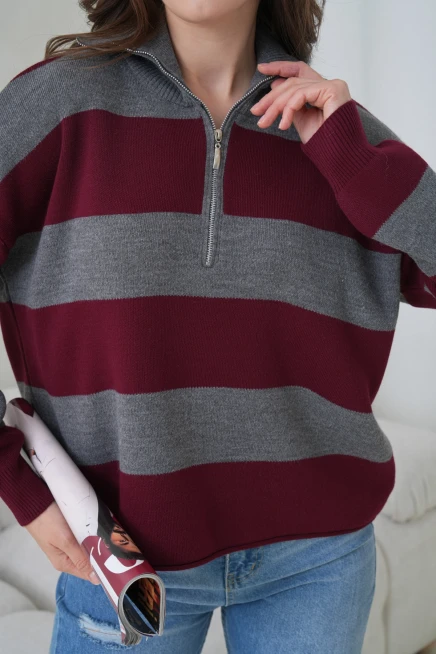 Kadın Dik Yaka Yarım Pat Fermuarlı Çizgili Oversize Triko Kazak 12381