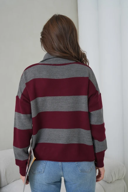 Kadın Dik Yaka Yarım Pat Fermuarlı Çizgili Oversize Triko Kazak 12381