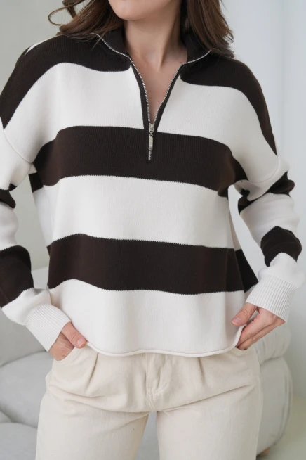 Kadın Dik Yaka Yarım Pat Fermuarlı Çizgili Oversize Triko Kazak 12381