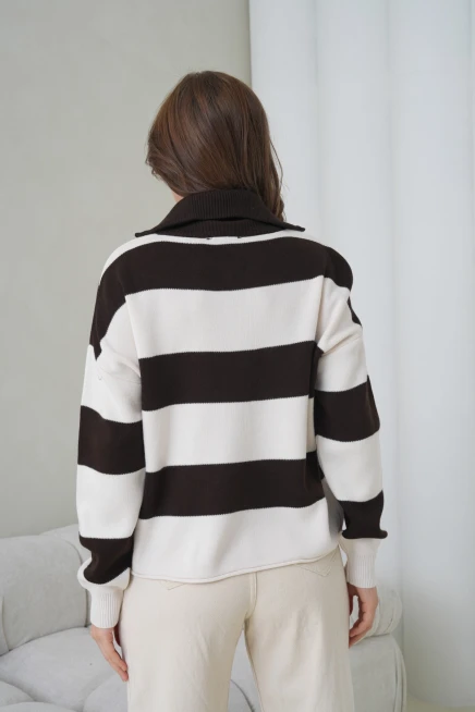 Kadın Dik Yaka Yarım Pat Fermuarlı Çizgili Oversize Triko Kazak 12381