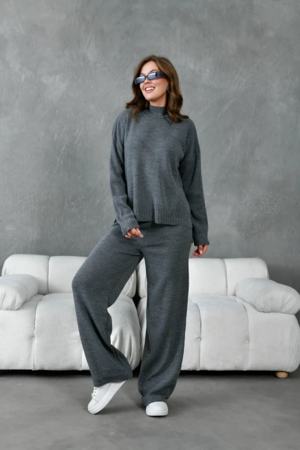 Kadın Dik Yaka Yırtmaçlı Oversize Kazak Pantolon İkil Triko Takım