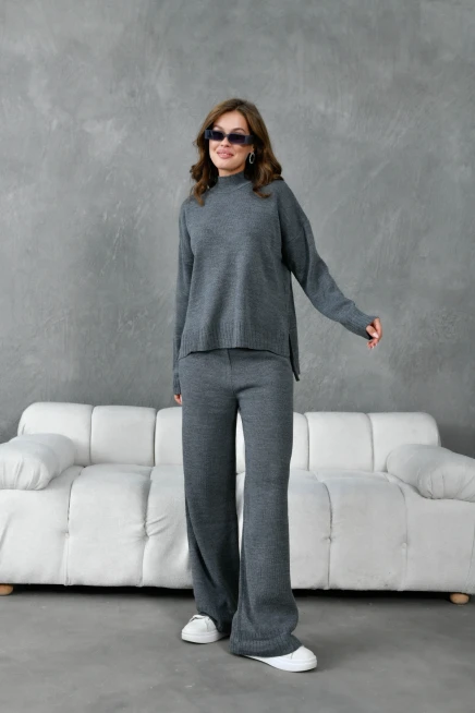 Kadın Dik Yaka Yırtmaçlı Oversize Kazak Pantolon İkil Triko Takım