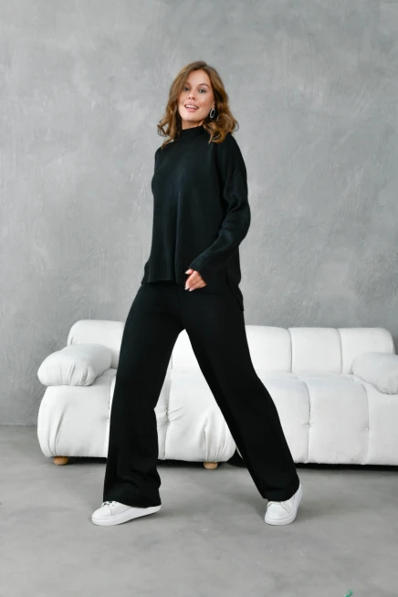 Kadın Dik Yaka Yırtmaçlı Oversize Kazak Pantolon İkil Triko Takım