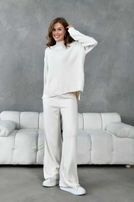 Kadın Dik Yaka Yırtmaçlı Oversize Kazak Pantolon İkil Triko Takım