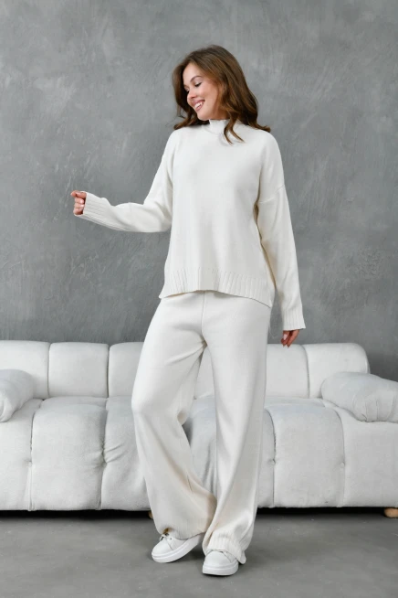 Kadın Dik Yaka Yırtmaçlı Oversize Kazak Pantolon İkil Triko Takım