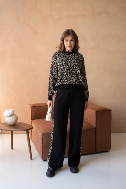 Kadın Geniş Yaka Desenli Kazak Pantolon İkili Triko Takım