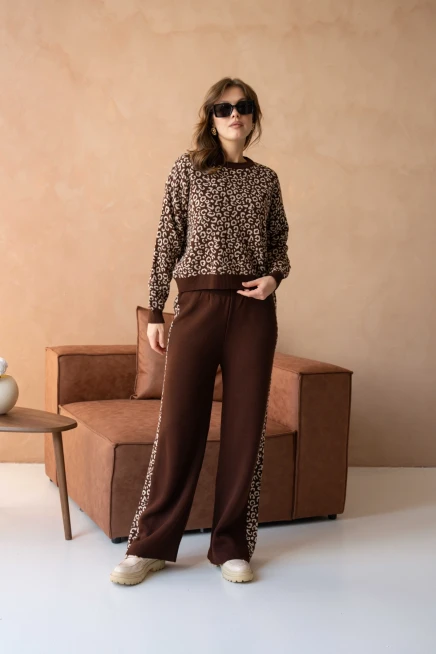 Kadın Geniş Yaka Desenli Kazak Pantolon İkili Triko Takım