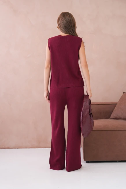 Kadın Geniş Yaka Düğme Detay Kaşkorse Uzun Yelek Pantolon İkili Triko Takım