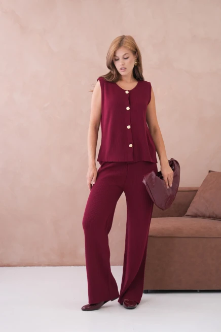 Kadın Geniş Yaka Düğme Detay Kaşkorse Uzun Yelek Pantolon İkili Triko Takım