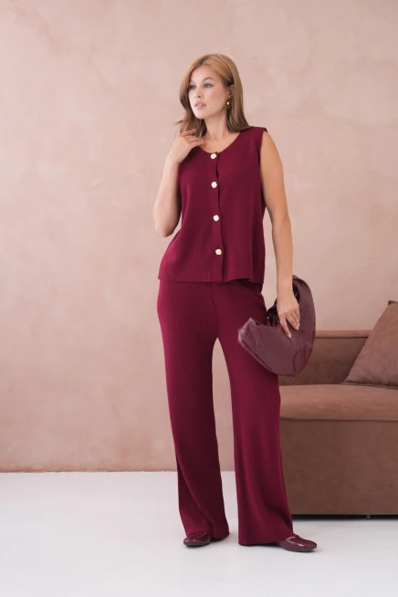 Kadın Geniş Yaka Düğme Detay Kaşkorse Uzun Yelek Pantolon İkili Triko Takım