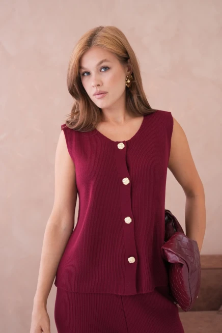 Kadın Geniş Yaka Düğme Detay Kaşkorse Uzun Yelek Pantolon İkili Triko Takım