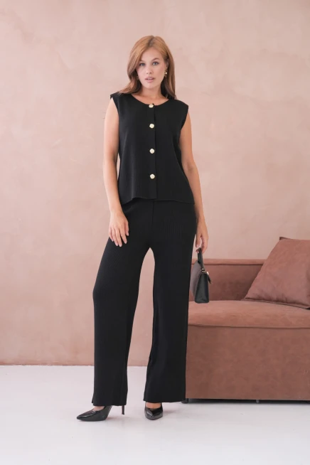 Kadın Geniş Yaka Düğme Detay Kaşkorse Uzun Yelek Pantolon İkili Triko Takım