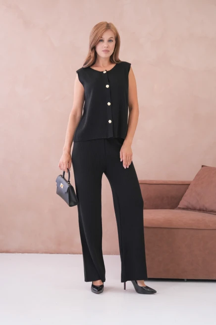 Kadın Geniş Yaka Düğme Detay Kaşkorse Uzun Yelek Pantolon İkili Triko Takım