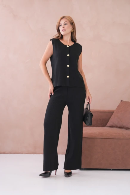 Kadın Geniş Yaka Düğme Detay Kaşkorse Uzun Yelek Pantolon İkili Triko Takım