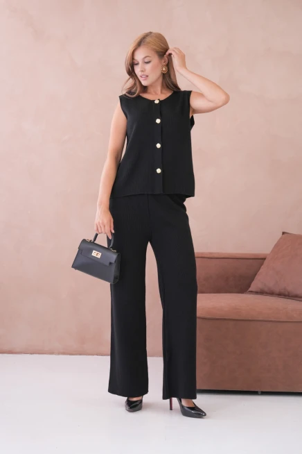 Kadın Geniş Yaka Düğme Detay Kaşkorse Uzun Yelek Pantolon İkili Triko Takım