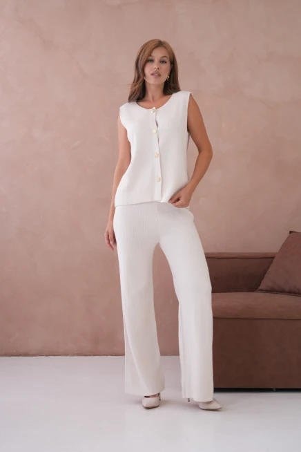 Kadın Geniş Yaka Düğme Detay Kaşkorse Uzun Yelek Pantolon İkili Triko Takım