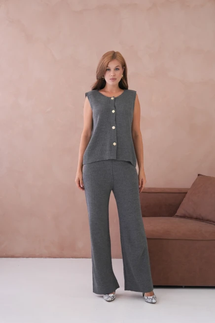 Kadın Geniş Yaka Düğme Detay Kaşkorse Uzun Yelek Pantolon İkili Triko Takım