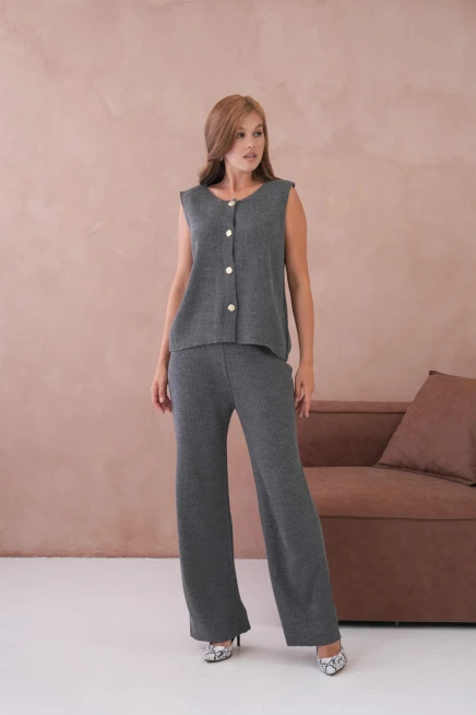 Kadın Geniş Yaka Düğme Detay Kaşkorse Uzun Yelek Pantolon İkili Triko Takım