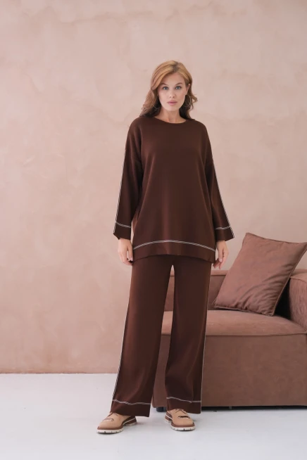 Kadın Geniş Yaka Kazak Pantolon İkili Triko Takım