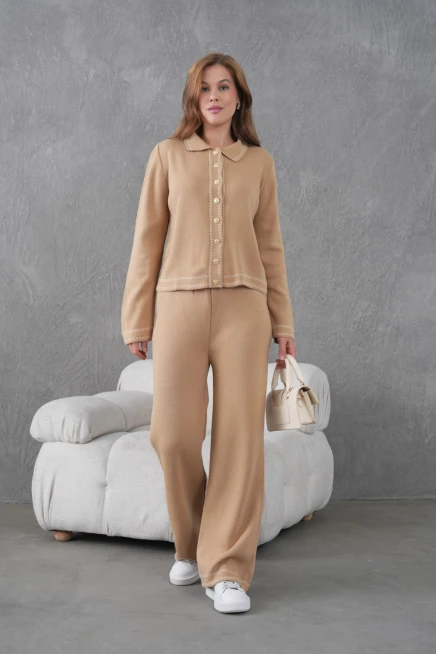 Kadın Gömlek Yaka Düğme Detay Ceket Pantolon İkili Triko Takım