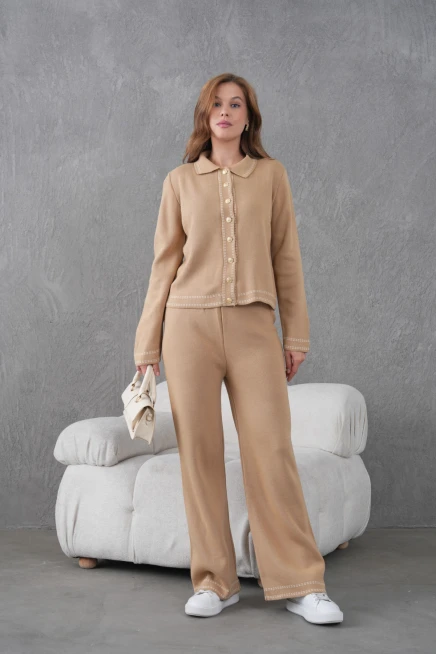 Kadın Gömlek Yaka Düğme Detay Ceket Pantolon İkili Triko Takım