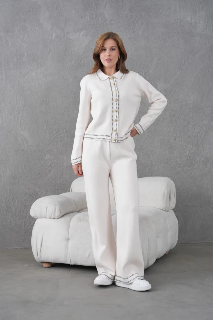 Kadın Gömlek Yaka Düğme Detay Ceket Pantolon İkili Triko Takım