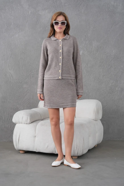 Kadın Bisiklet Yaka Düğme Kapama Desenli Ceket Etek İkili Triko Takım 12308