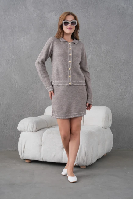 Kadın Bisiklet Yaka Düğme Kapama Desenli Ceket Etek İkili Triko Takım 12308