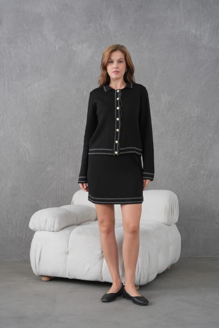 Kadın Bisiklet Yaka Düğme Kapama Desenli Ceket Etek İkili Triko Takım 12308