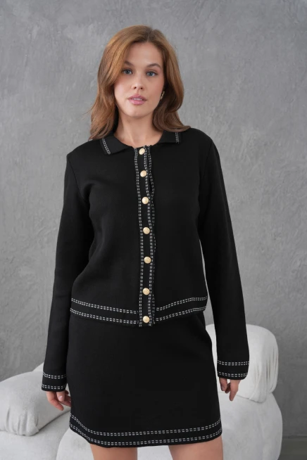 Kadın Bisiklet Yaka Düğme Kapama Desenli Ceket Etek İkili Triko Takım 12308