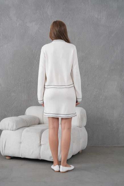 Kadın Bisiklet Yaka Düğme Kapama Desenli Ceket Etek İkili Triko Takım 12308