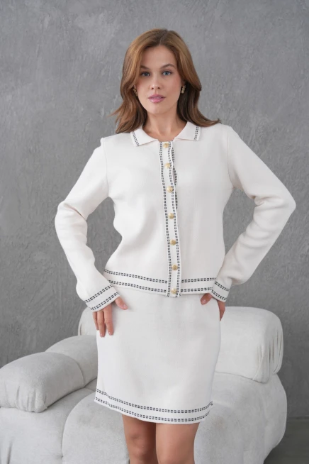 Kadın Bisiklet Yaka Düğme Kapama Desenli Ceket Etek İkili Triko Takım 12308