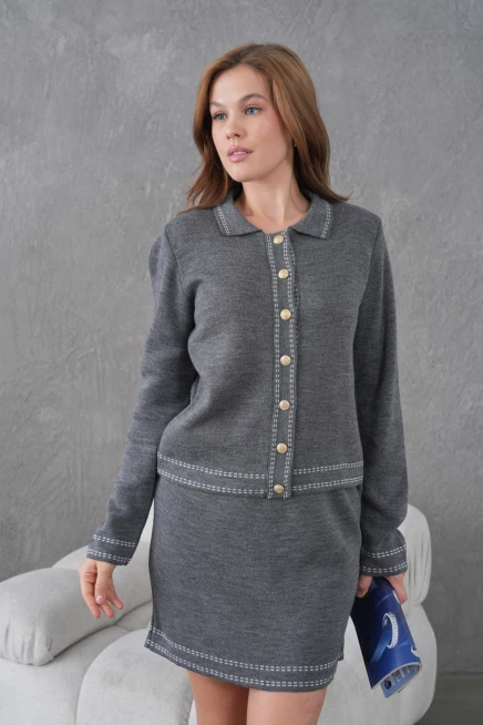 Kadın Bisiklet Yaka Düğme Kapama Desenli Ceket Etek İkili Triko Takım 12308